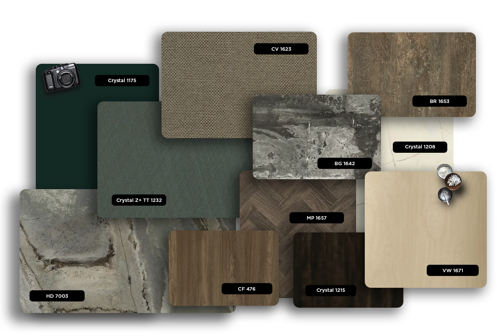 Multi-colored laminate samples with various textures and patterns, showcasing different finishes and designs for decorative