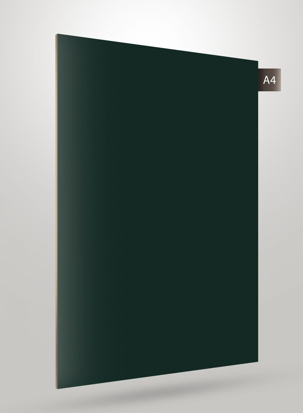 Dark green solid colour laminate with glossy finish and smooth texture, labelled A4.
