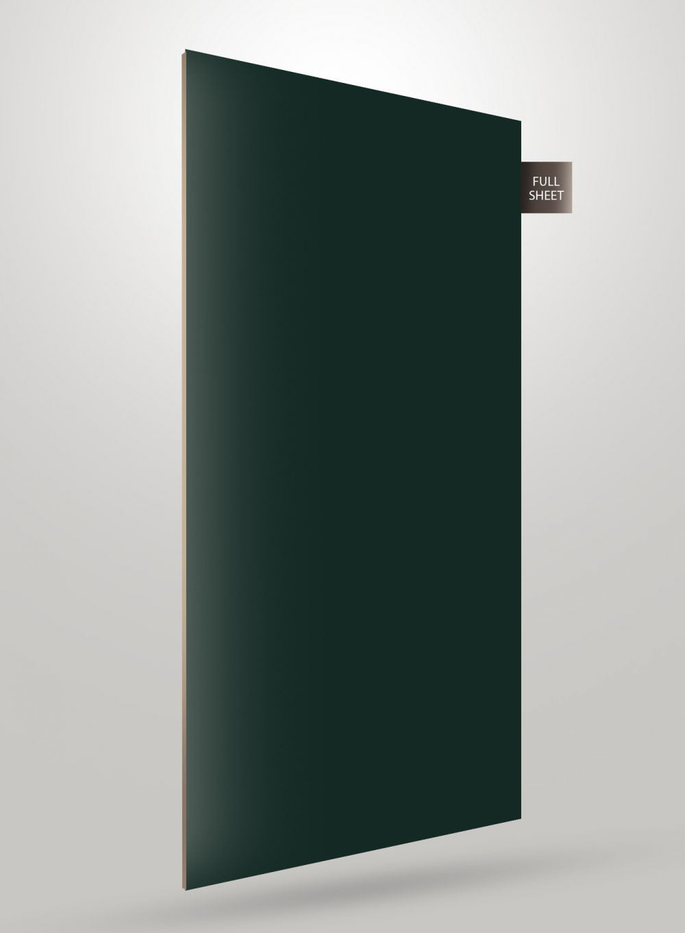 Dark green glossy laminate sheet with smooth finish and full sheet label on white background