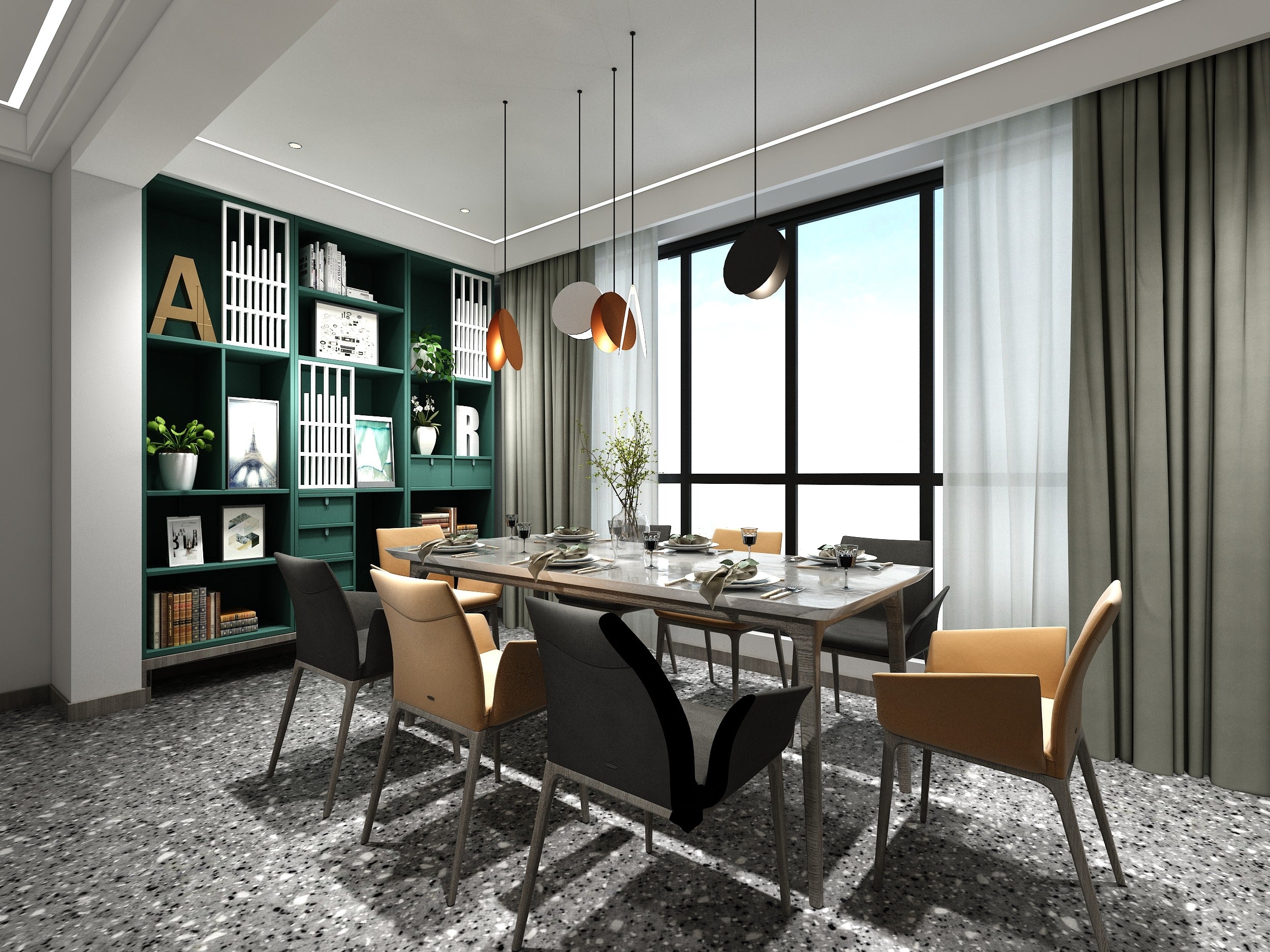 Green laminate bookshelf in modern dining room with grey table and chairs, showcasing decorative laminate usage in interior