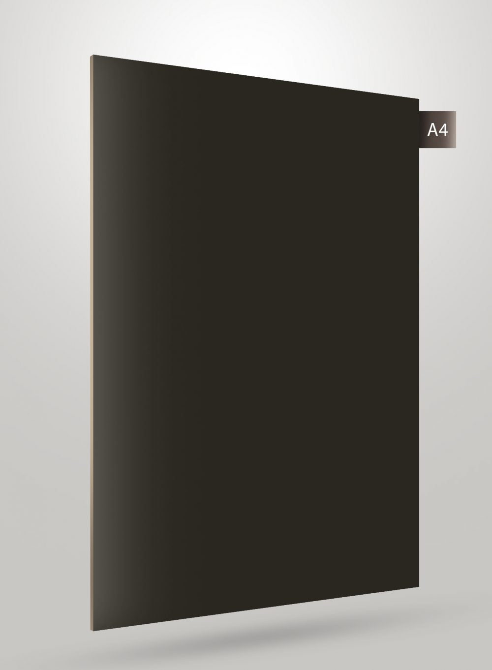 Grey high gloss solid colour laminate sheet with smooth finish and subtle shadow effect on light grey background
