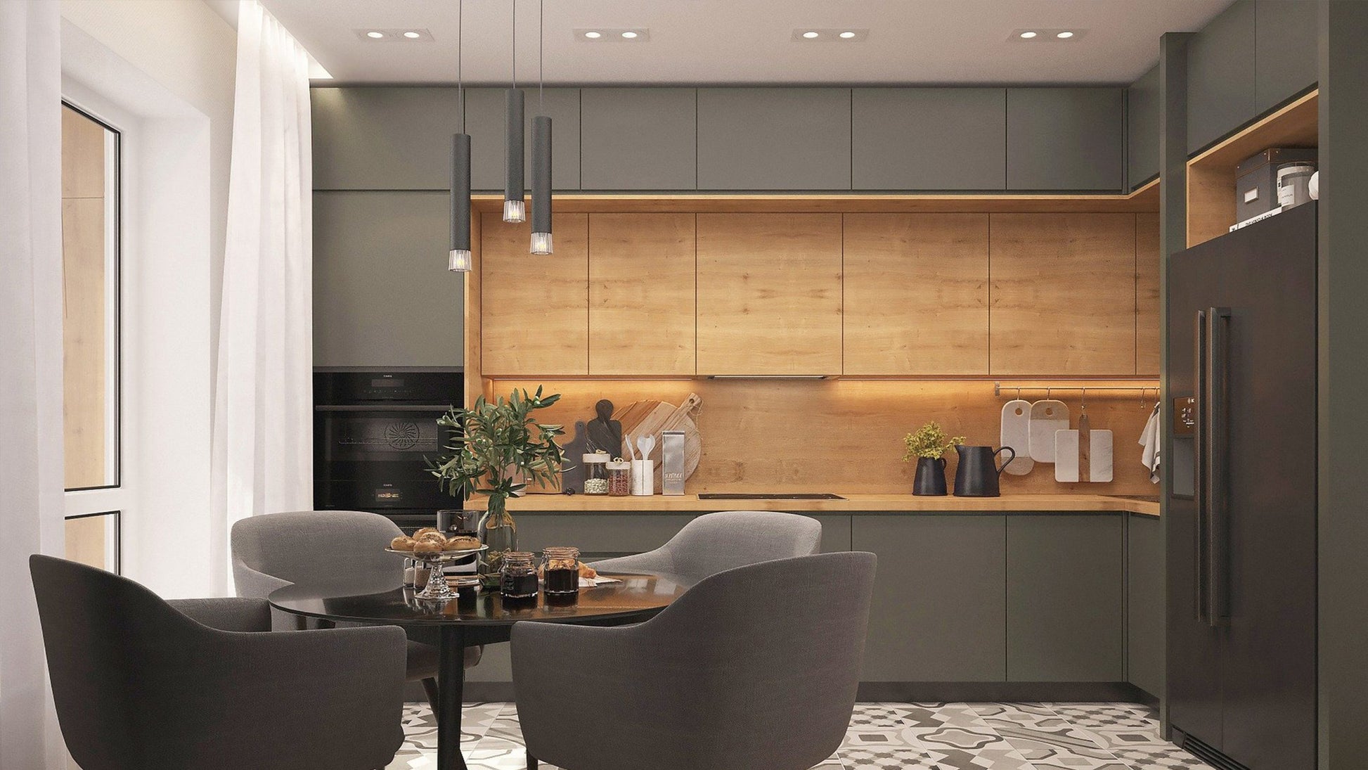 Grey high gloss laminate kitchen cabinets and patterned tiles in modern kitchen interior with dining area and wooden accents