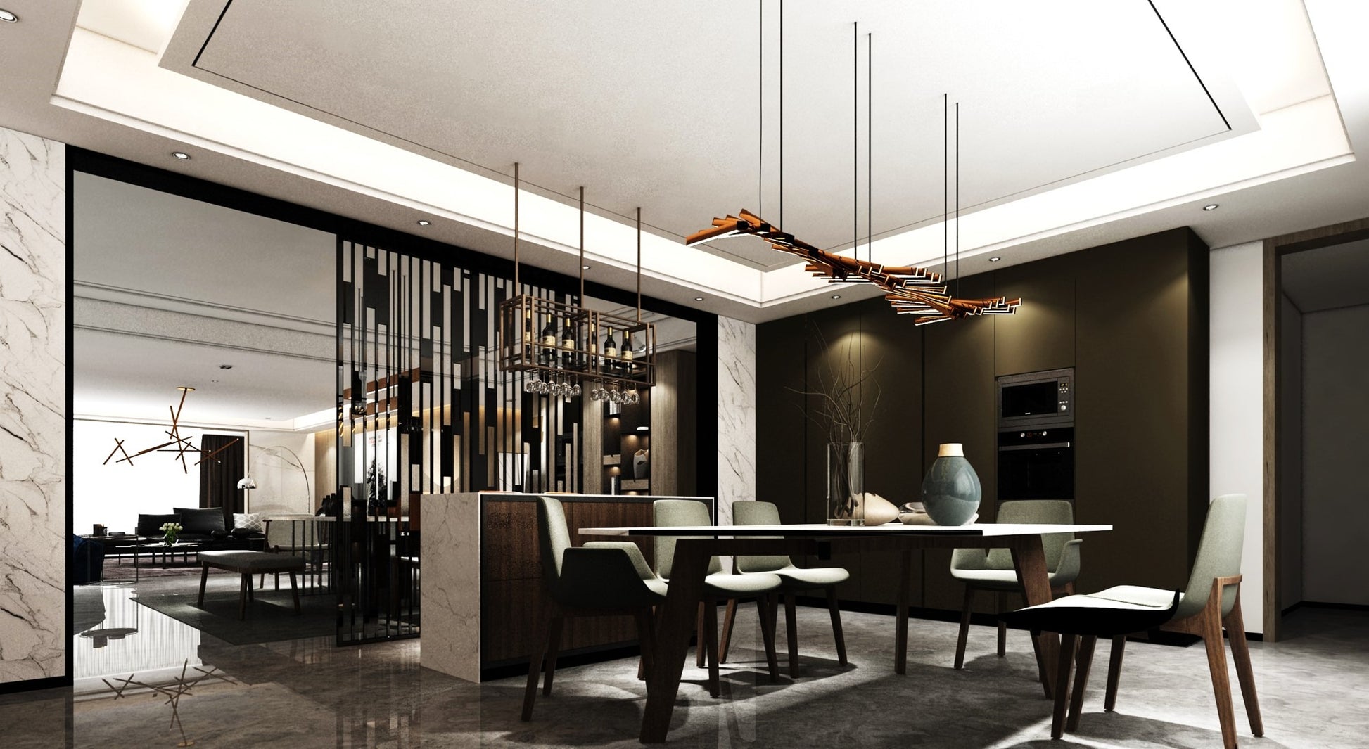 Grey laminate in modern dining room with high gloss finish and smooth texture used on walls and floor.
