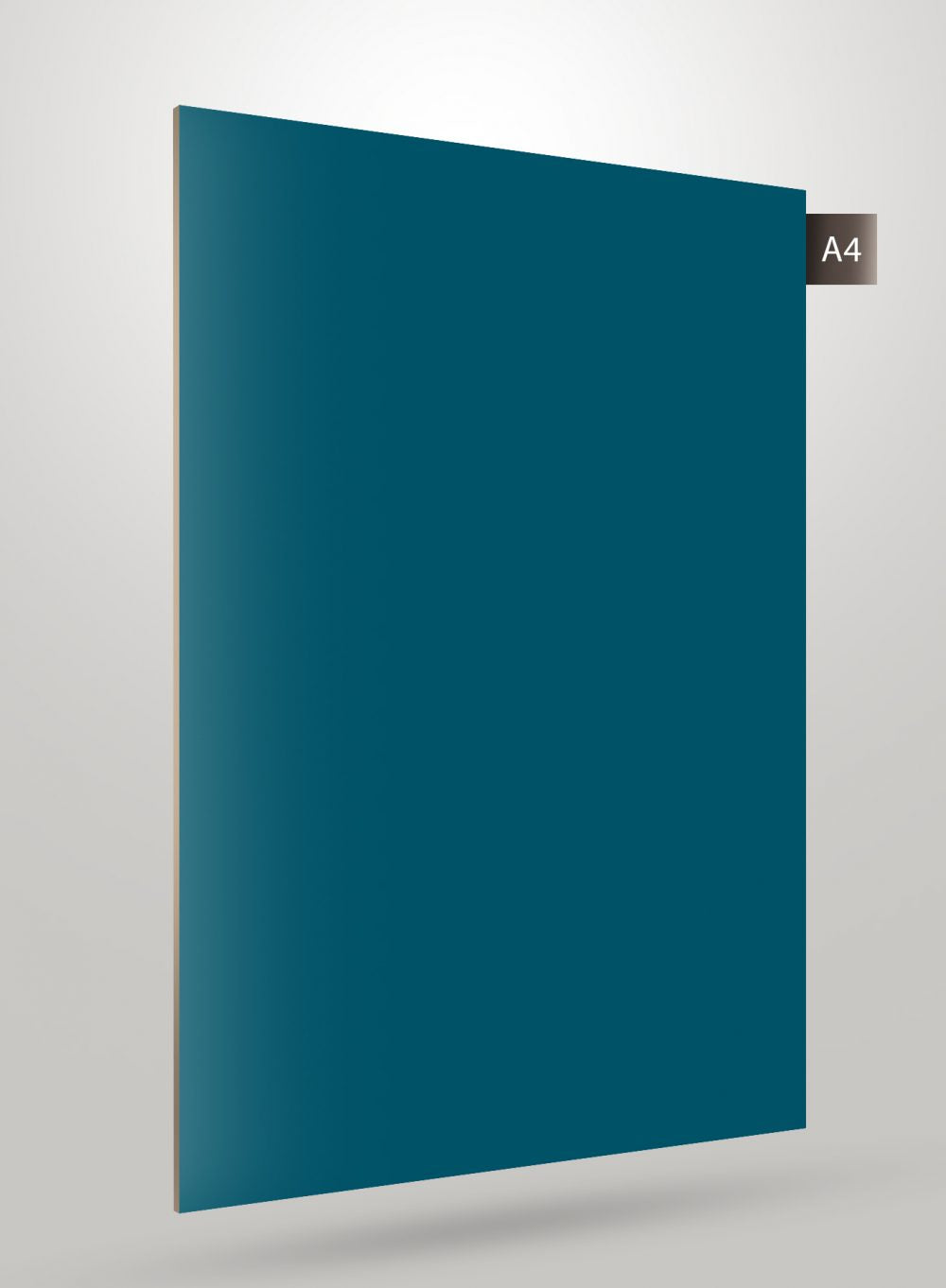 Matte teal blue decorative laminate with smooth finish and visible edge, solid colour design.