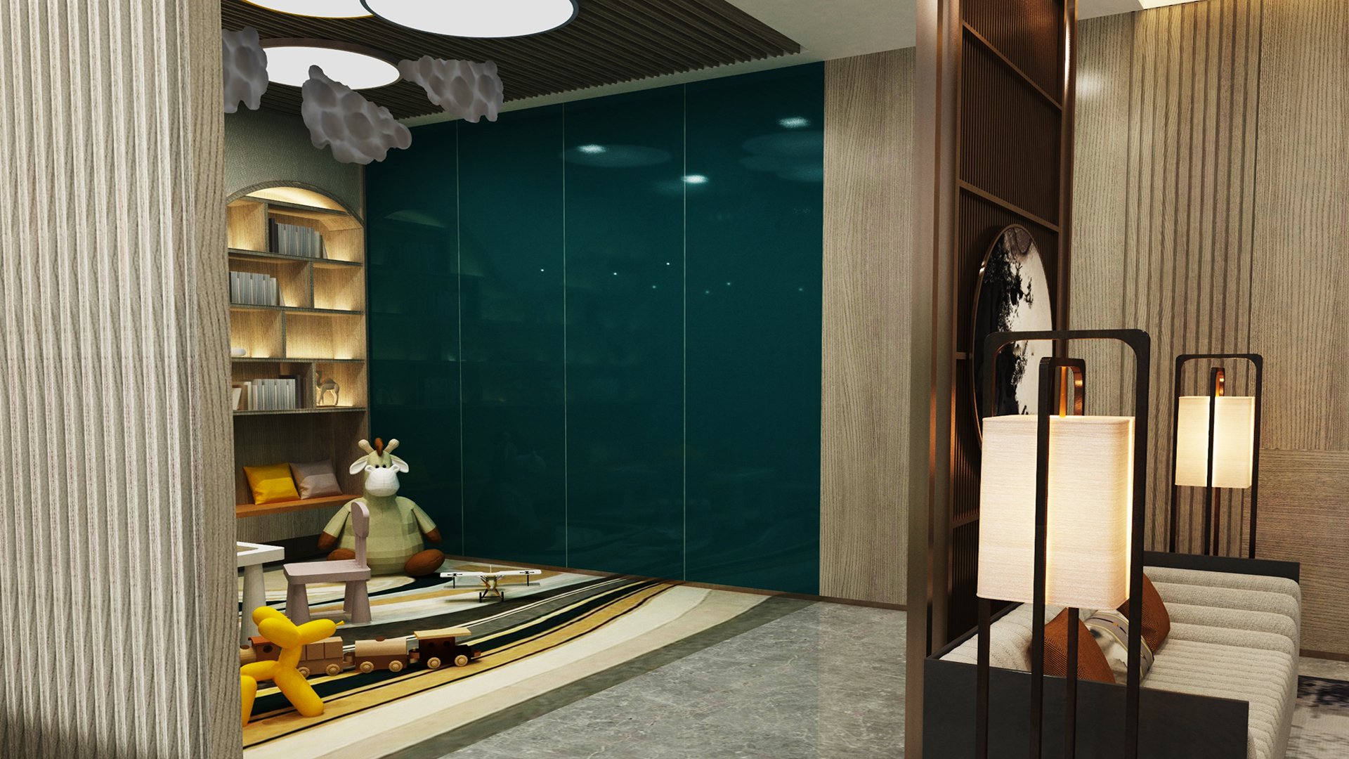 Matte green laminate wall in modern room with textured wood paneling and decorative lighting.