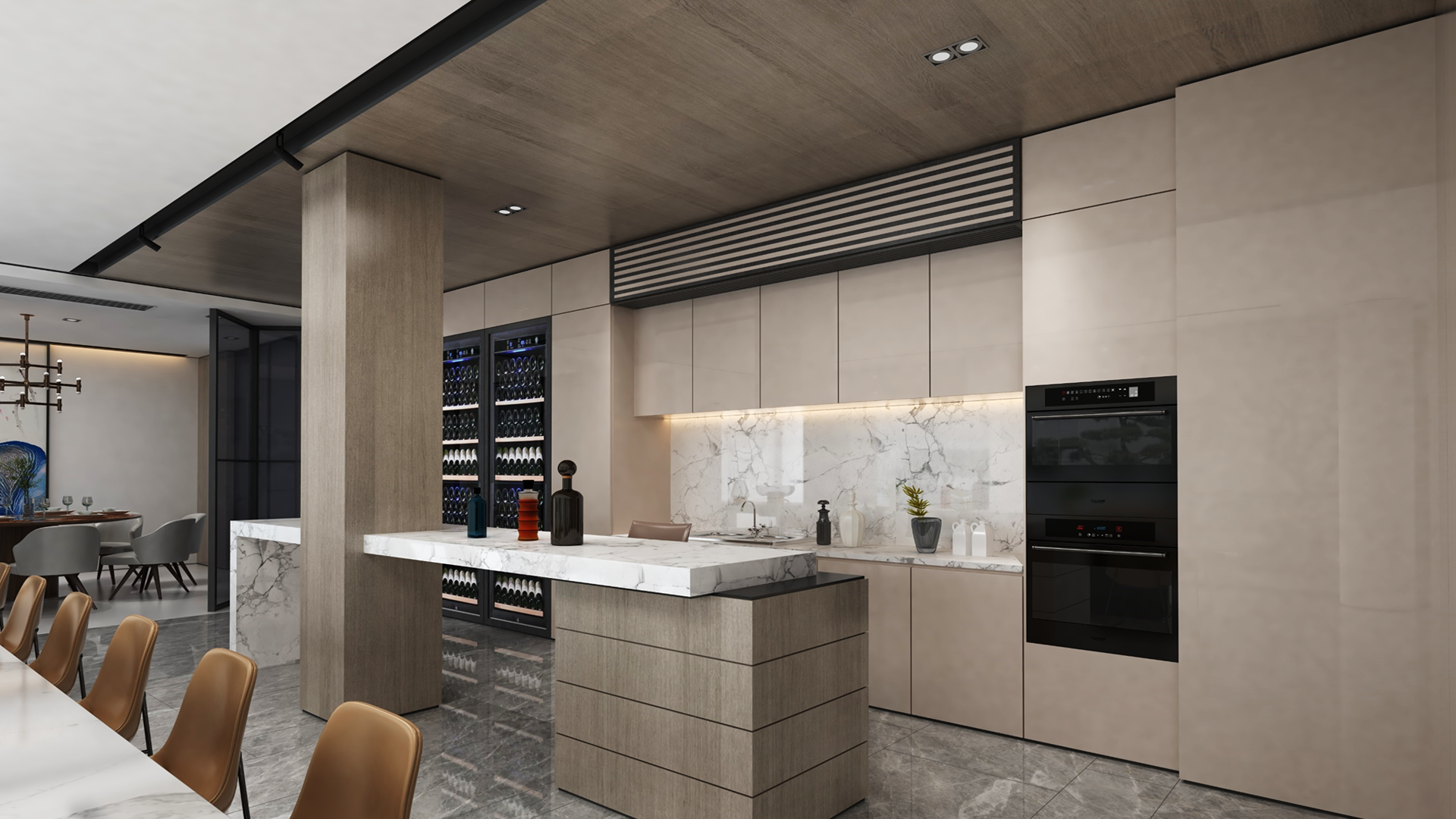 Light wood laminate kitchen with marble countertops and black appliances, featuring modern design and sleek finishes.