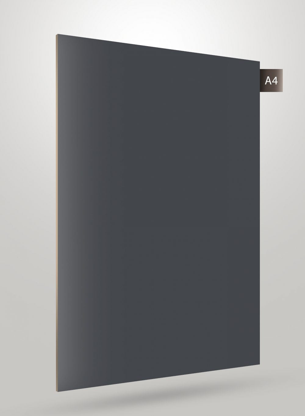 Matte grey decorative laminate sheet with smooth finish and code label A4 on corner.