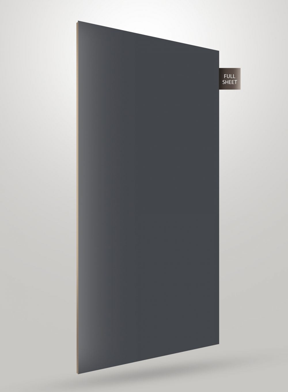 Matte grey decorative laminate sheet with smooth finish and visible edge, labeled full sheet.