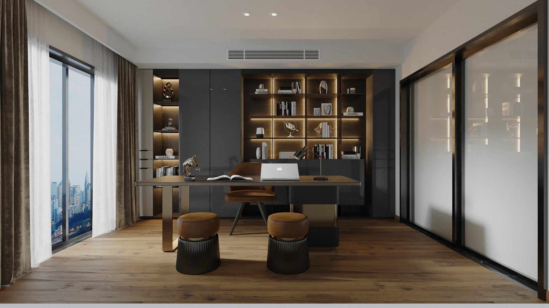 Brown wood laminate used in modern office with desk chairs and shelving unit with decorative items and books.