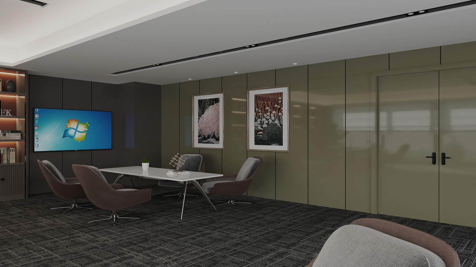 Green laminate wall panels in modern office space with meeting table chairs and decorative framed artwork on the wall