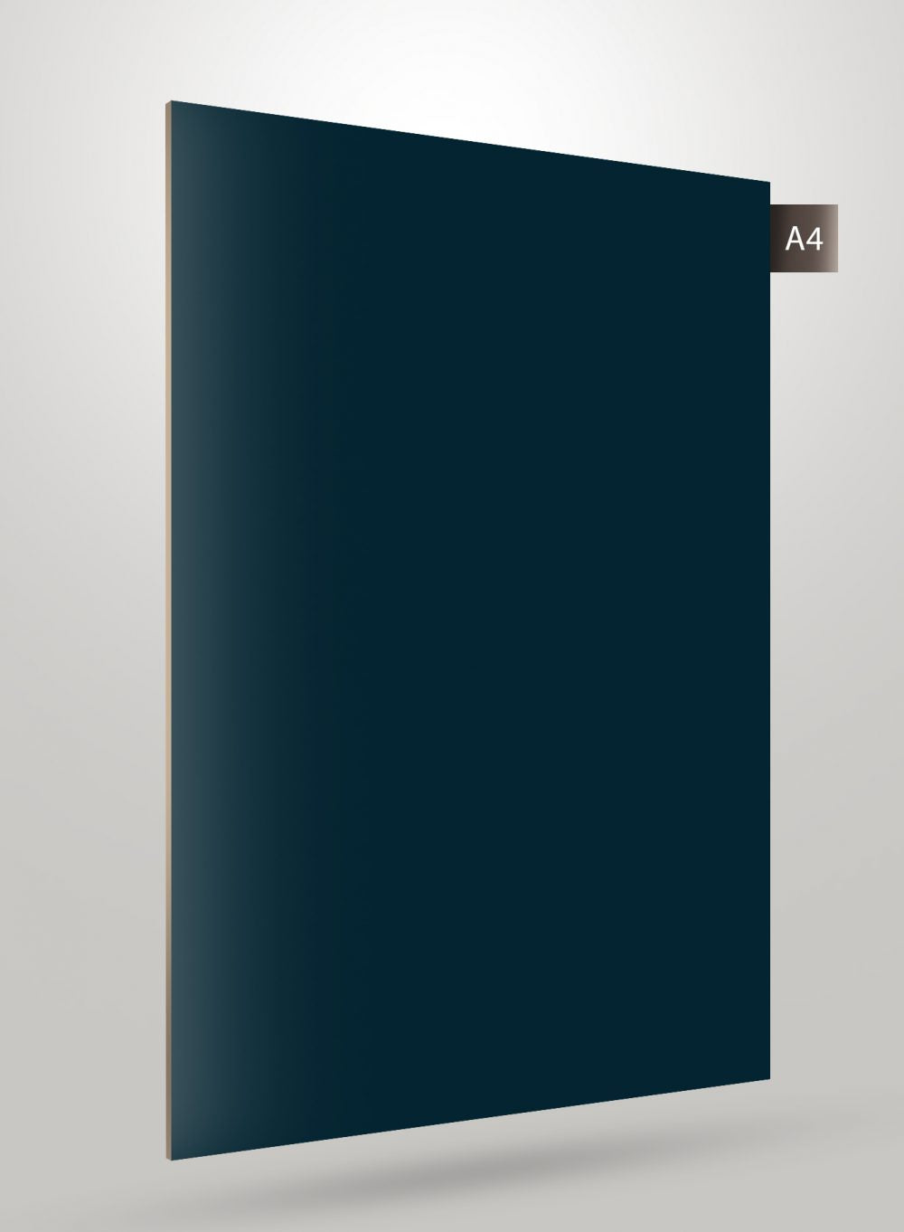 Dark blue matte laminate sheet with flat finish and smooth texture, decorative solid colour laminate sample labelled A4.
