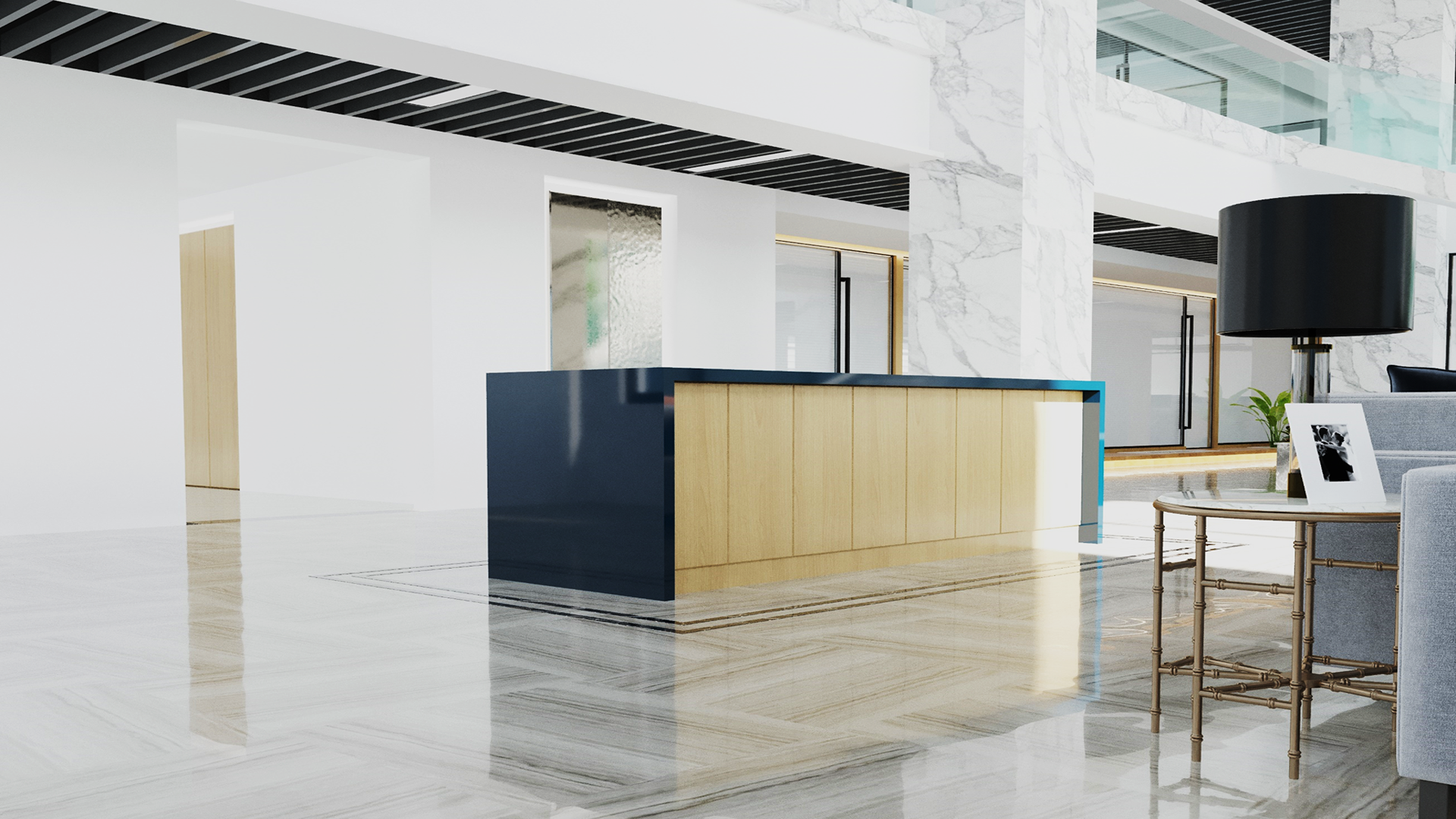Matte dark blue laminate reception desk in modern office with marble floors and white walls, showcasing sleek interior