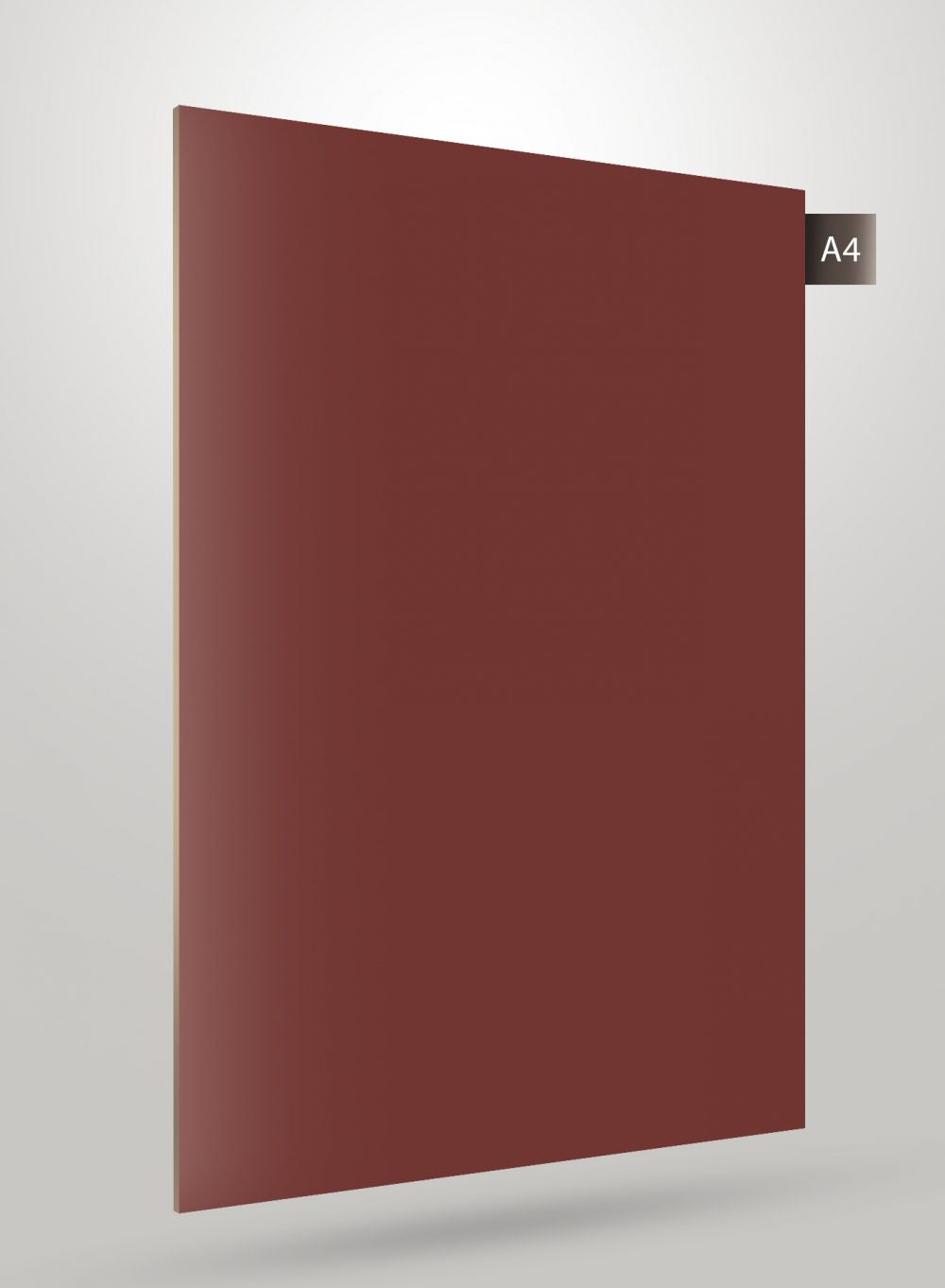 Matte brown solid colour laminate with flat finish and smooth texture, labelled A4.