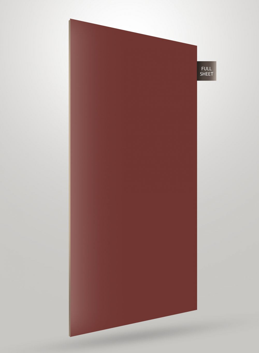 Matte brown solid colour laminate sheet with flat finish and smooth texture displayed upright with full sheet label.