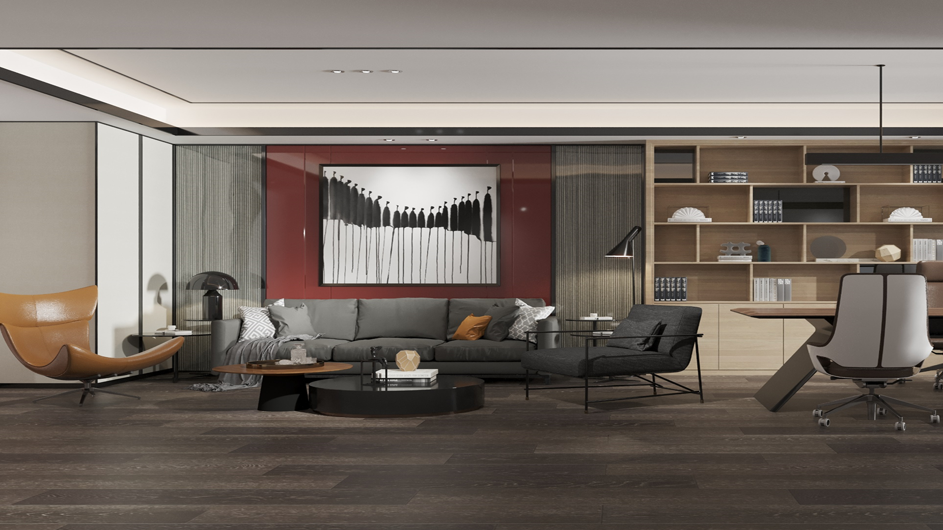 Red matte laminate wall in modern living room with grey sofa and wooden furniture, showcasing decorative laminate usage.