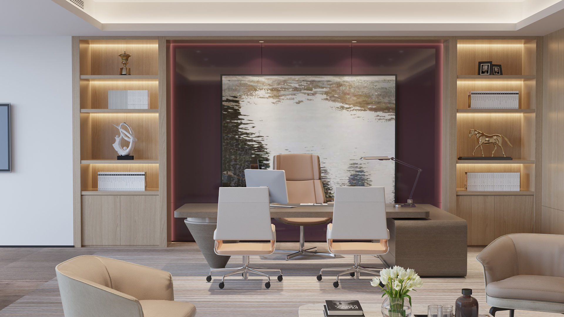 Matte laminate wall with abstract design in modern office setting with wooden shelves and minimalist decor.