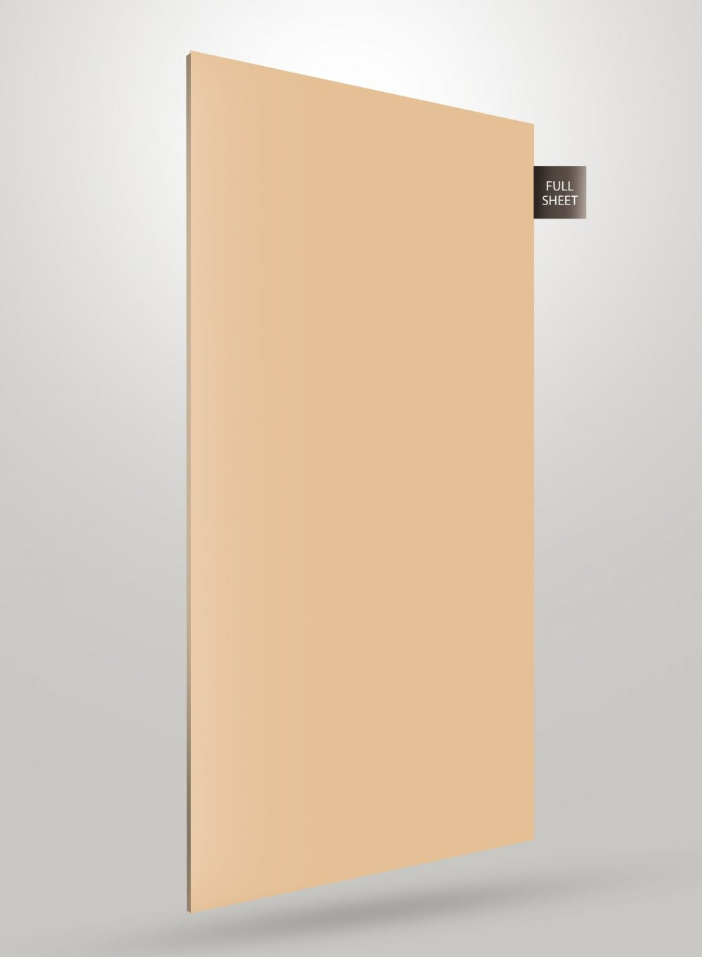 Beige solid colour laminate sheet with high gloss finish and smooth texture, labelled full sheet on grey background.