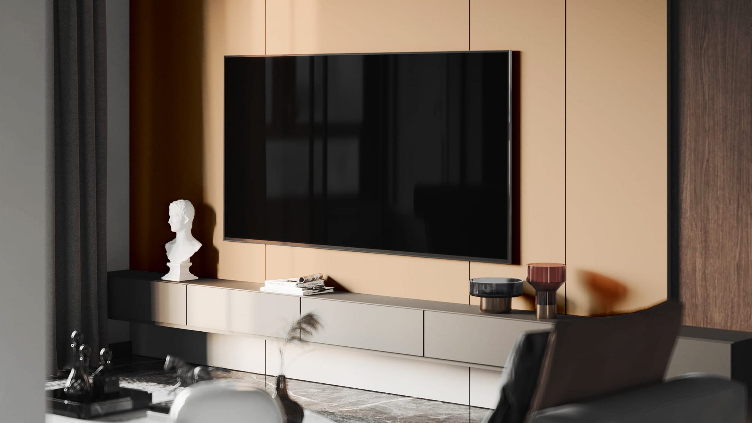 Beige solid colour laminate with high gloss finish on wall panels in modern living room setting with TV and decor
