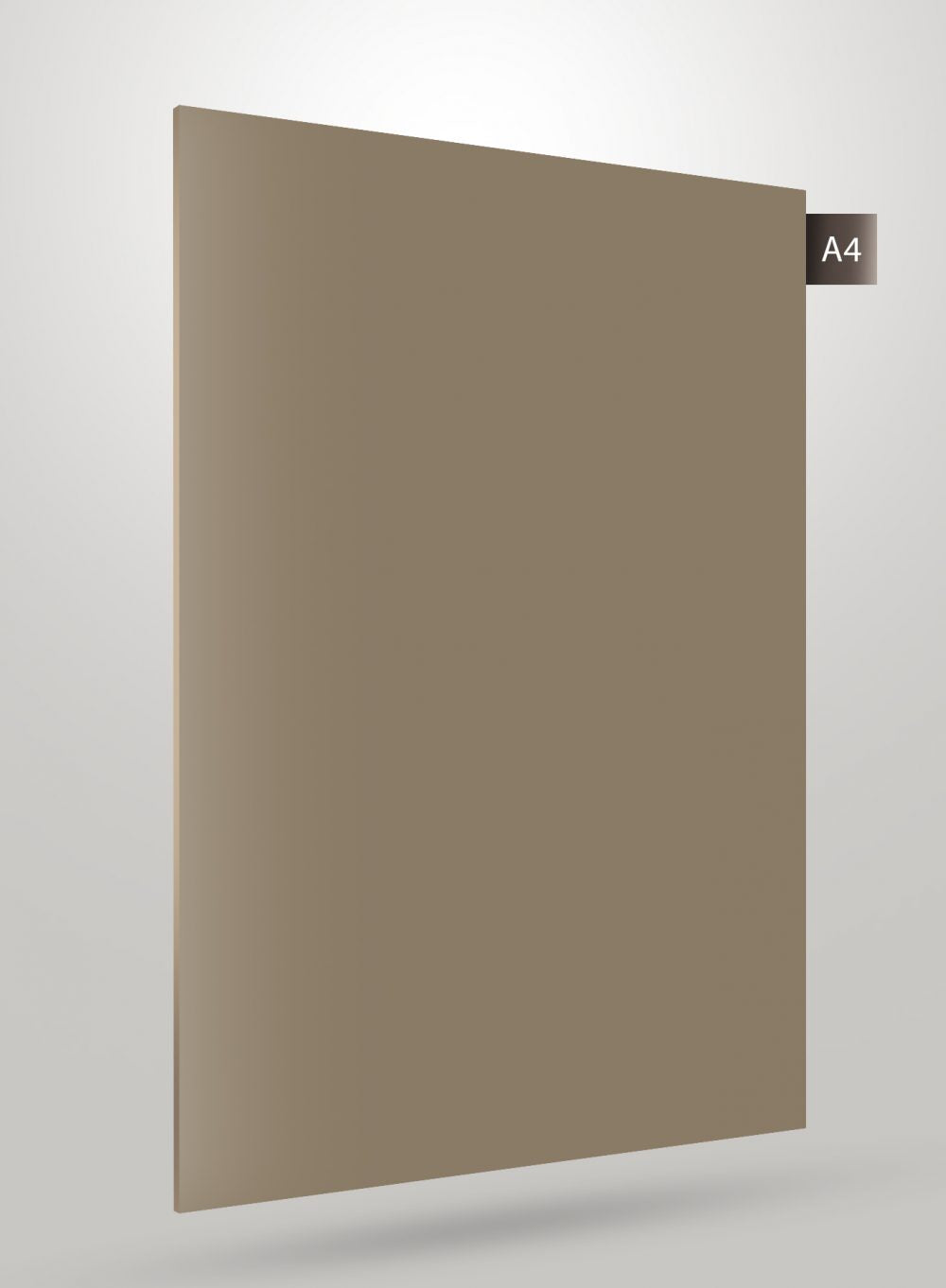 Brown solid laminate sheet with glossy finish and A4 label, showcasing its uniform color and smooth surface.