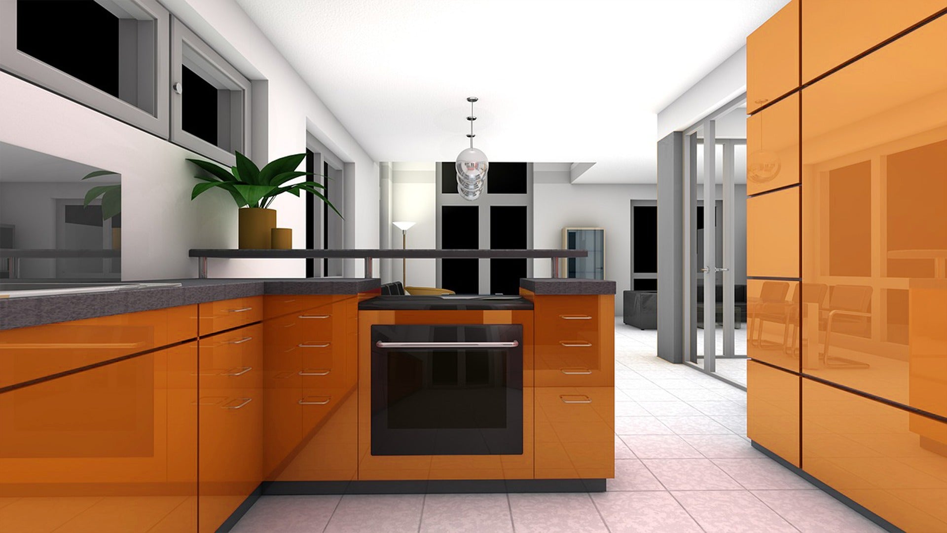 Orange high gloss laminate kitchen cabinets with silver handles and grey countertop in modern interior design setting