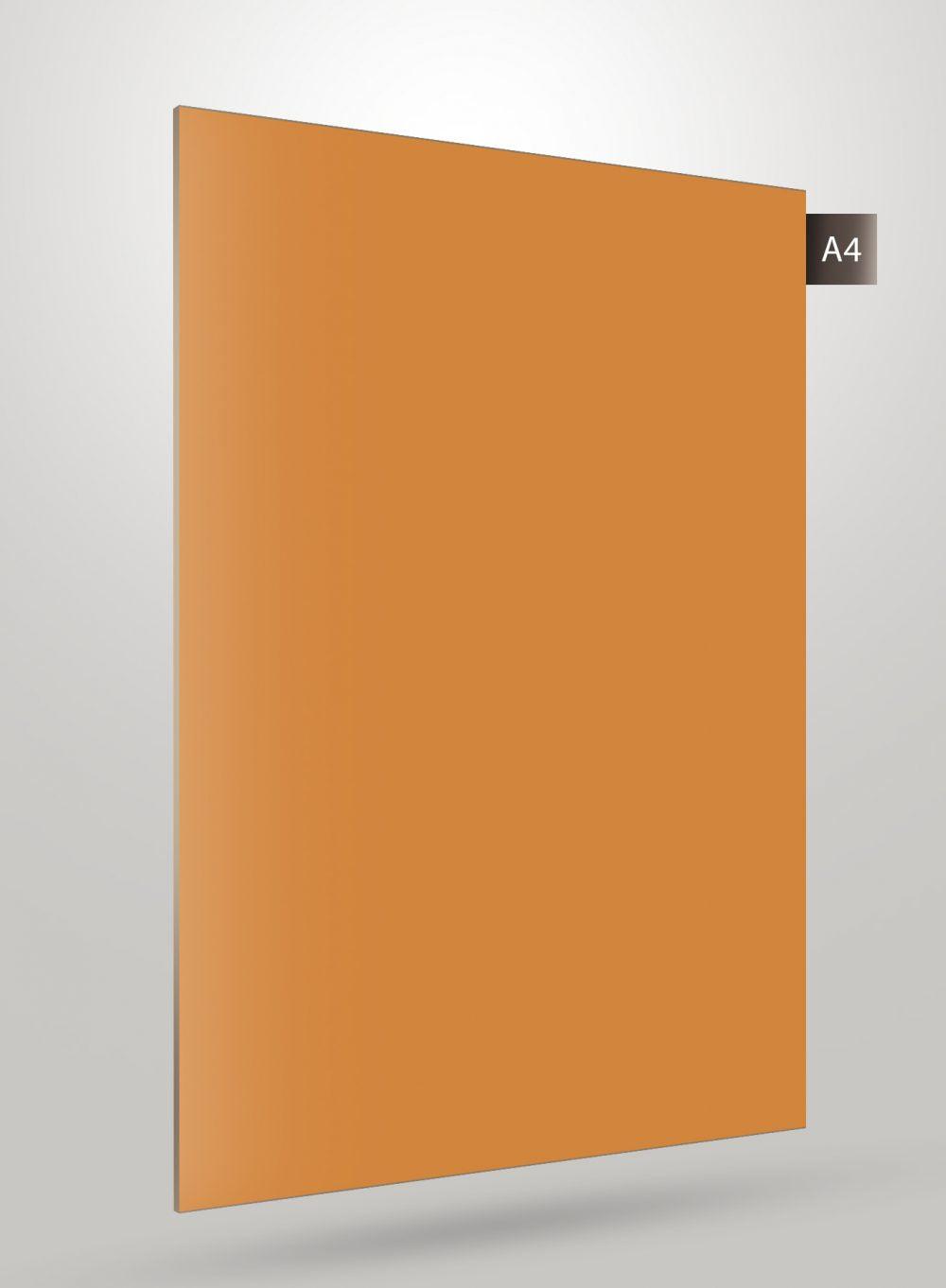 Orange glossy laminate sheet with smooth finish and subtle shadow effect on a plain background