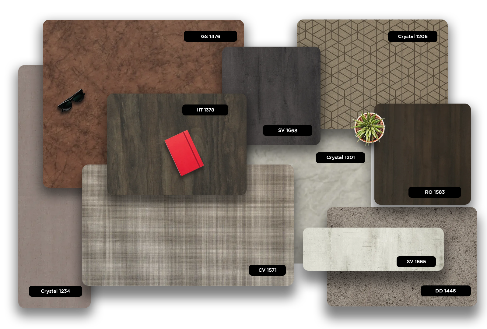 Beige geometric patterned laminate with glossy finish and Crystal 1201 label displayed with decorative accessories and other