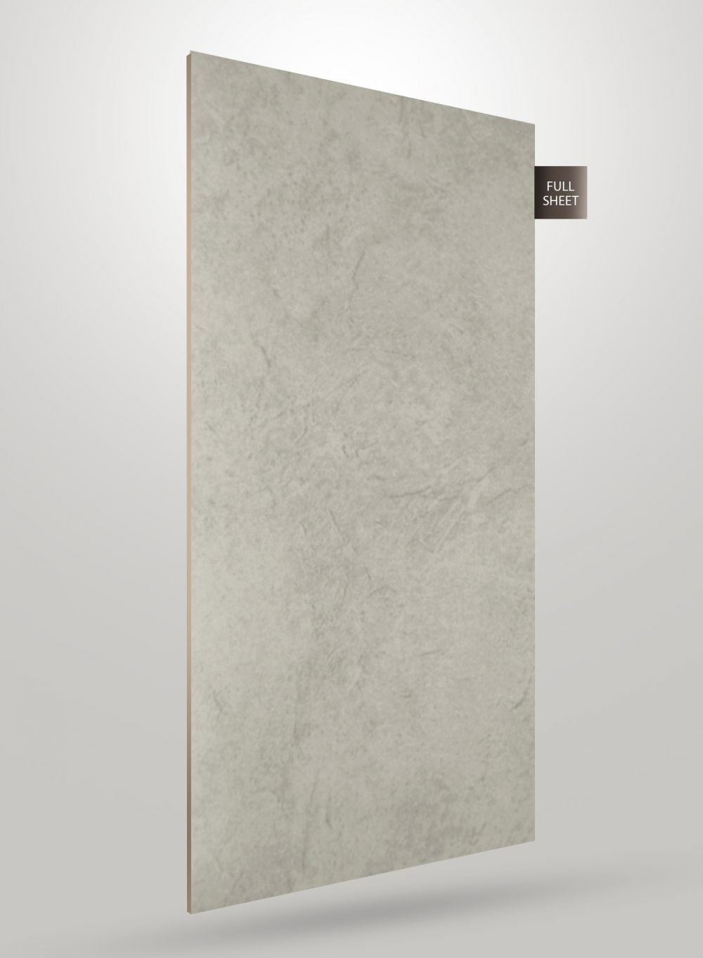 Beige patterned laminate sheet with textured finish and marble-like design, displayed upright with full sheet label.