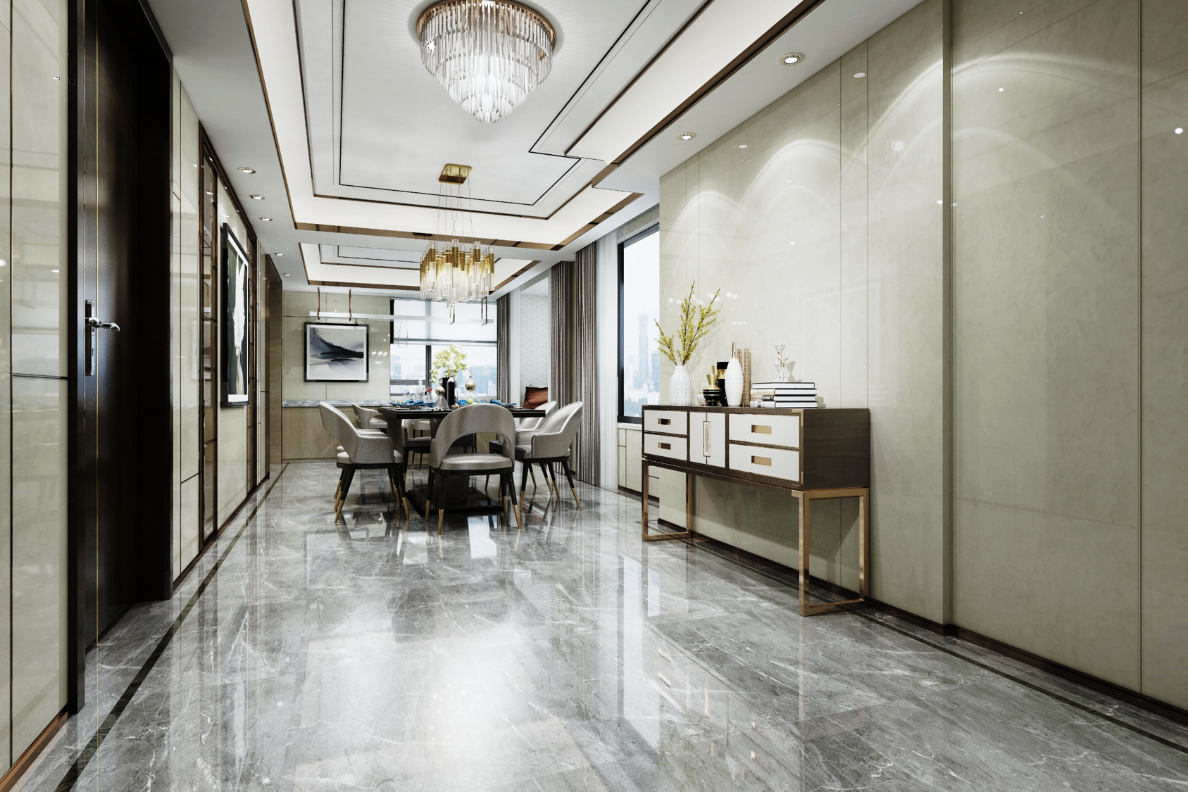 Beige patterned laminate with high gloss finish used on walls and floor in modern dining hallway with chandelier and decor