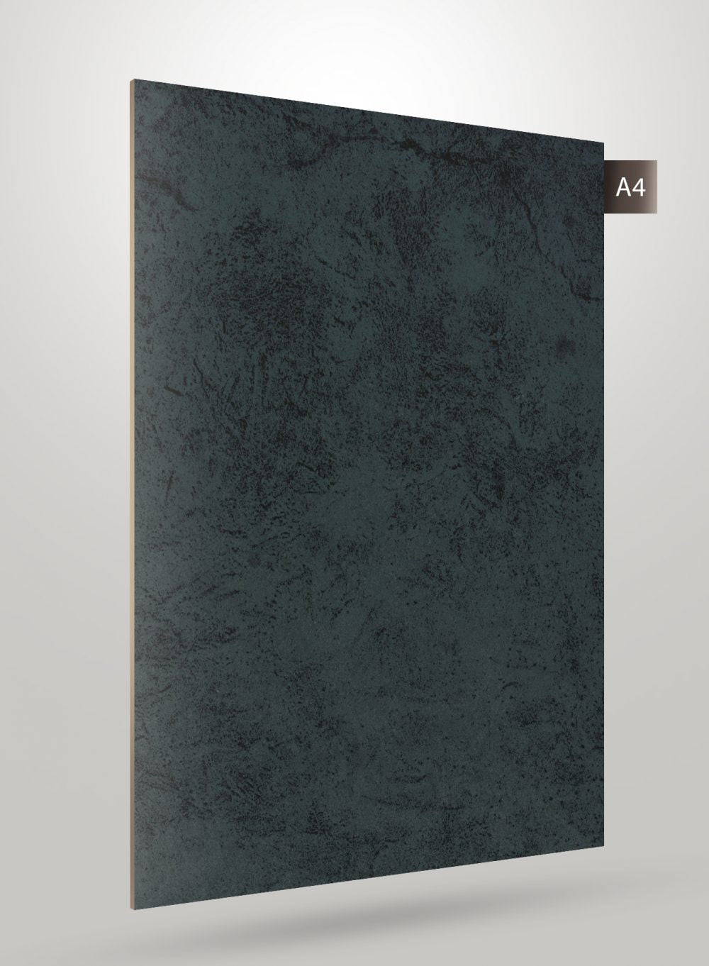 Dark grey marble laminate sheet with high gloss finish and textured pattern, displayed on a white background with A4 label.