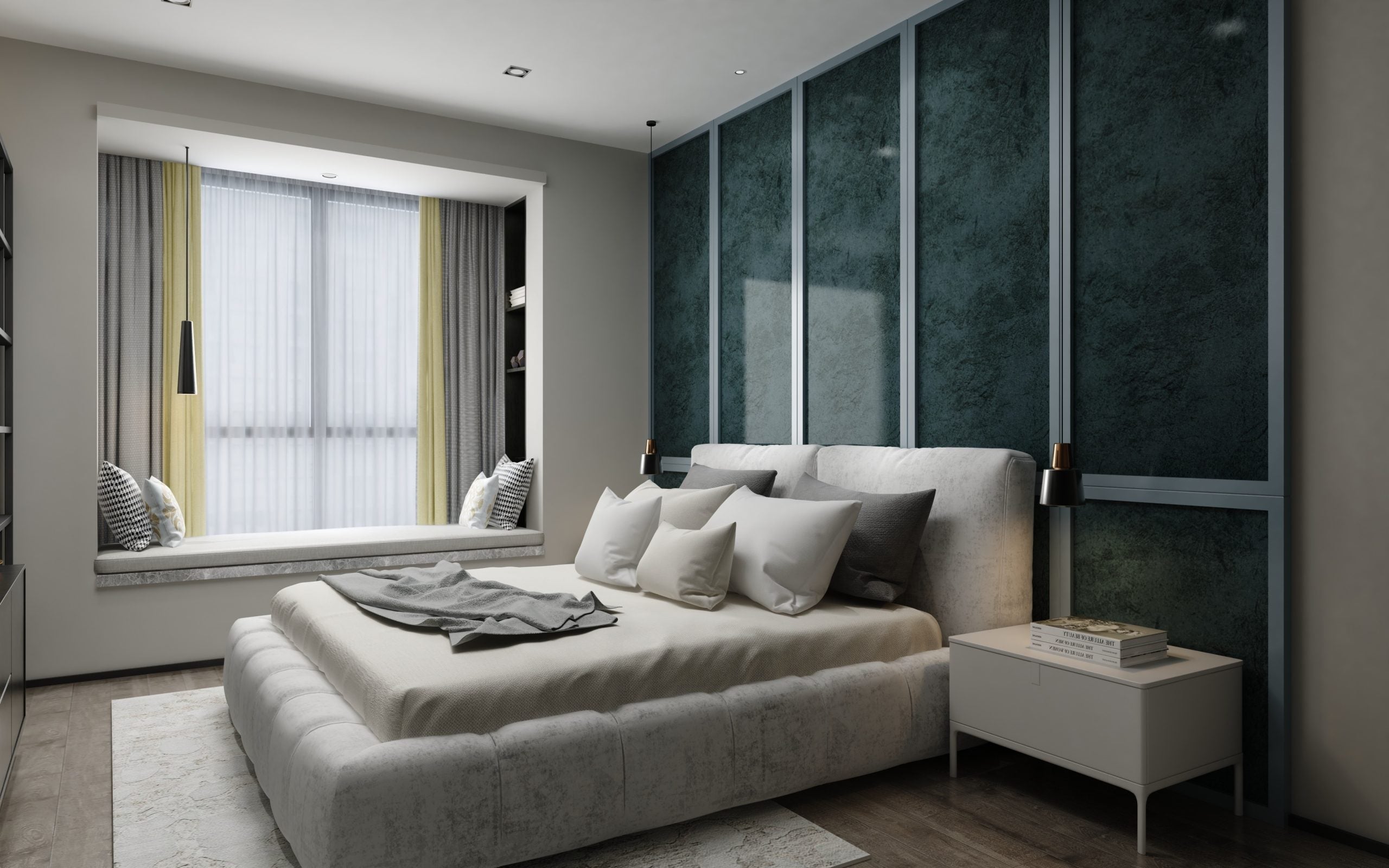 Grey marble laminate wall panels with high gloss finish in a modern bedroom setting with white furniture and decor.