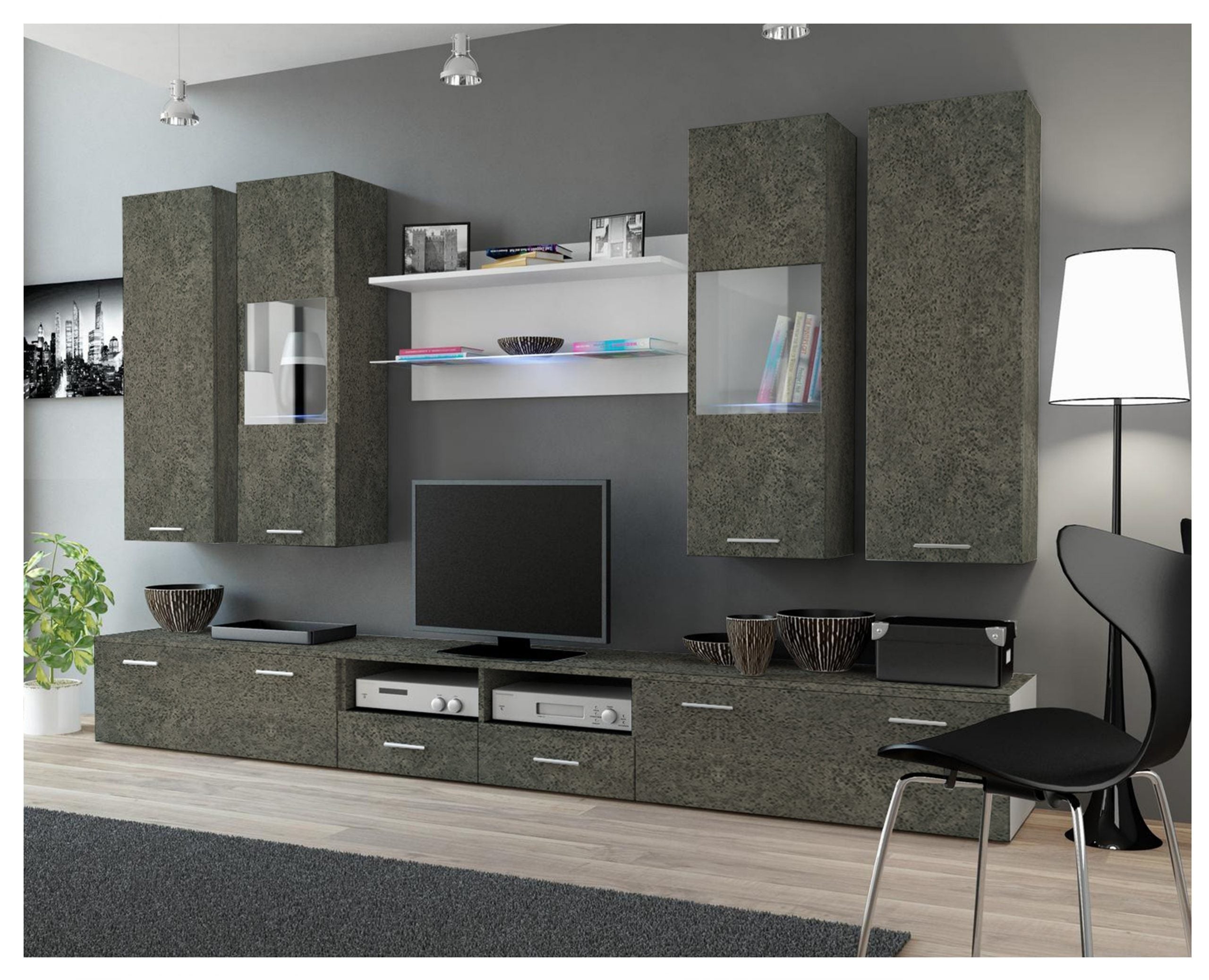 Dark green marble laminate furniture in modern living room with TV unit and wall-mounted shelves.