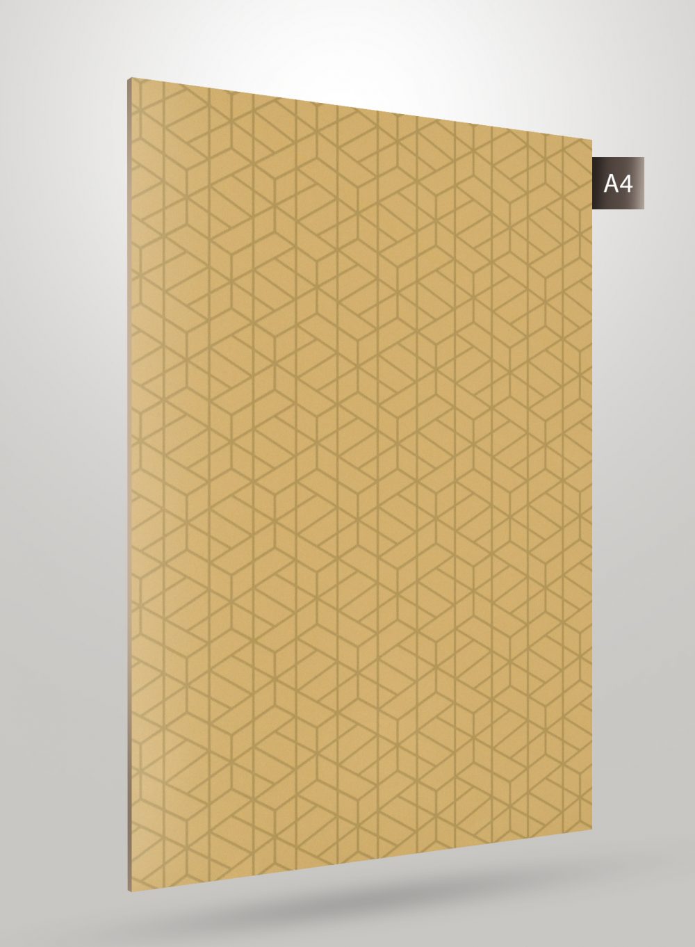 Gold patterned laminate sheet with geometric design and subtle sheen, displayed at an angle on a grey background.
