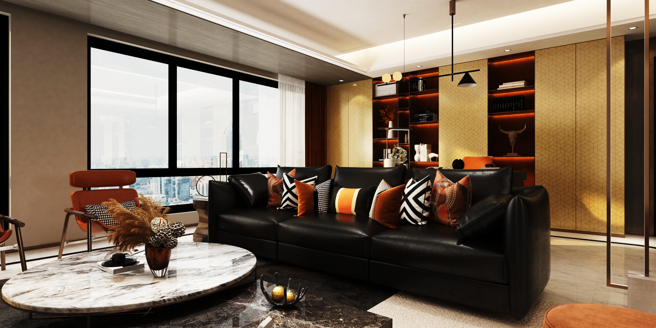 Geometric patterned laminate wall in modern living room with black sofa and marble coffee table, showcasing high gloss