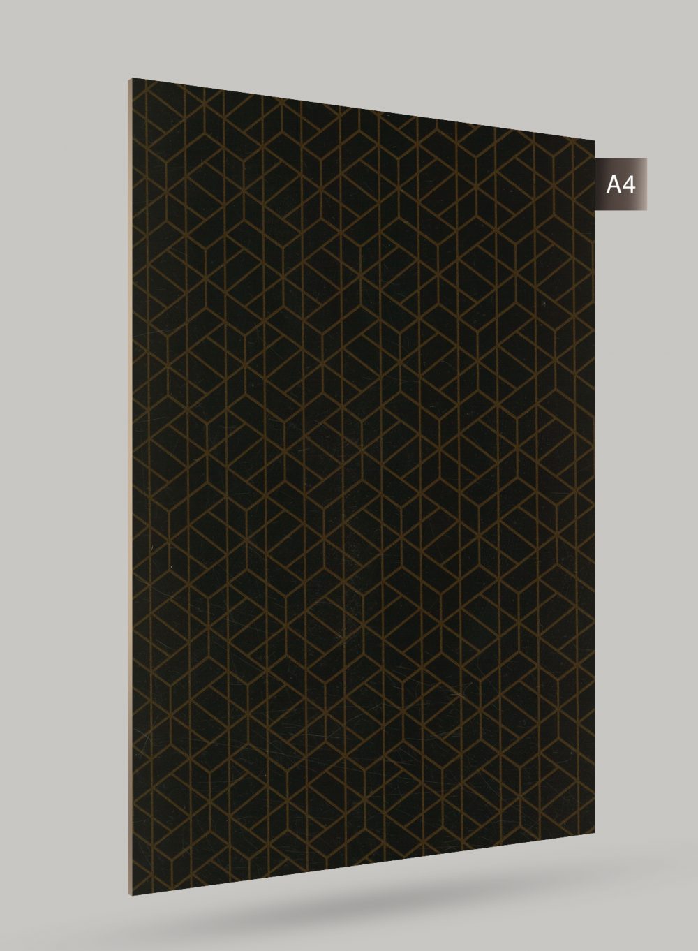 Black and gold geometric patterned laminate with glossy finish and subtle texture visible on its surface.