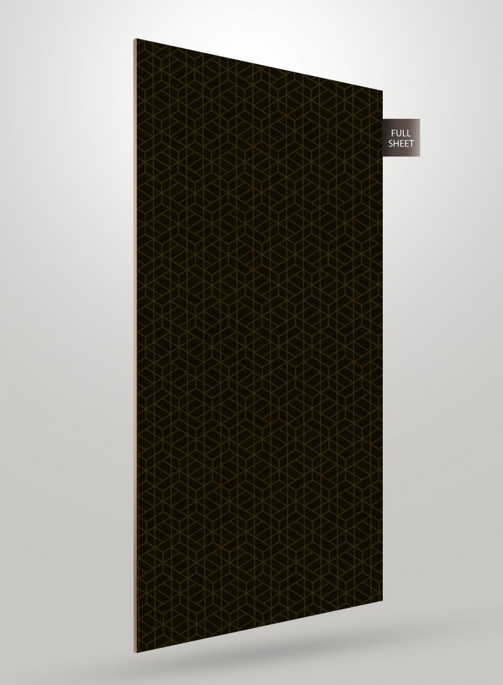 Geometric patterned laminate sheet with gold design on black background and high gloss finish.