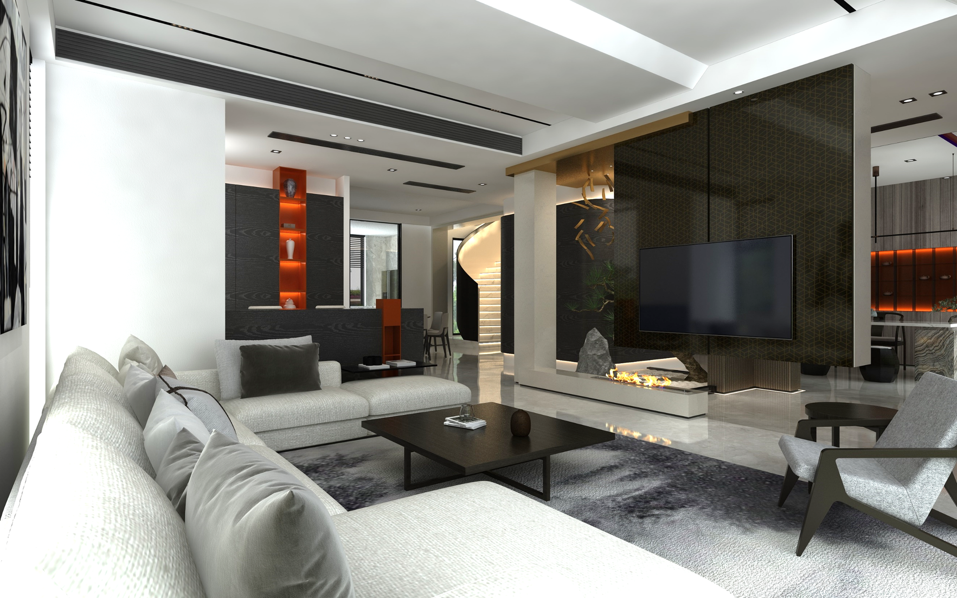 Geometric patterned laminate wall in modern living room with glossy finish and multi-colour design on large wall panel