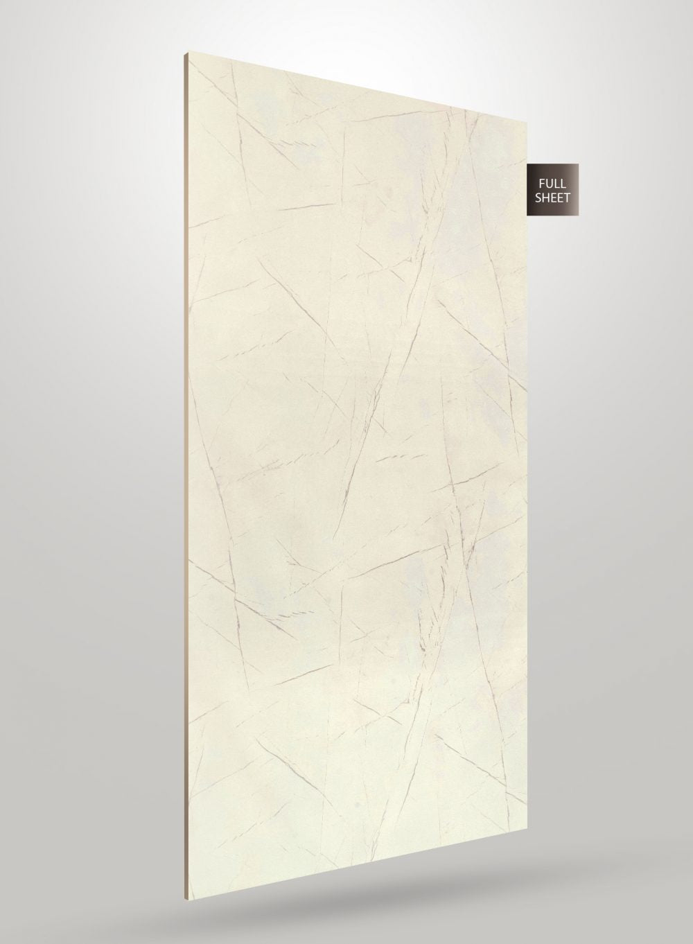 Multi-coloured marble laminate sheet with veining pattern and matte finish, shown standing upright with visible edge.