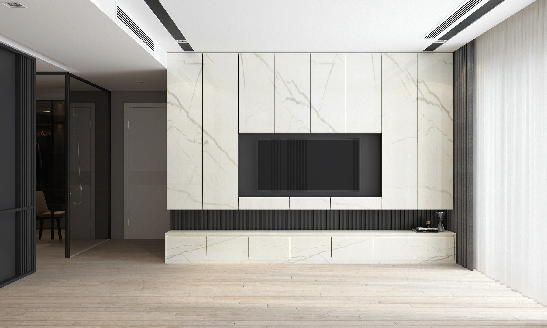 White marble laminate wall with grey veining and black TV alcove in modern living room with minimalist decor
