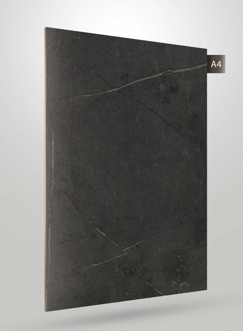Dark grey marble laminate with glossy finish and veining pattern, decorative stone design visible on the surface.
