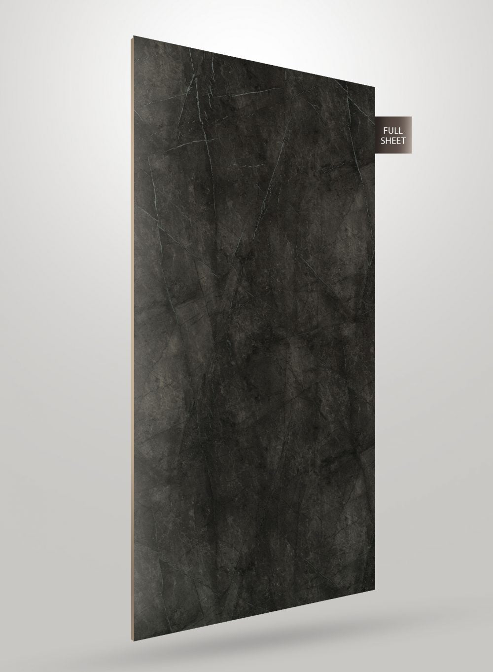 Dark grey marble laminate sheet with white veining and glossy finish displayed at an angle with full sheet label.
