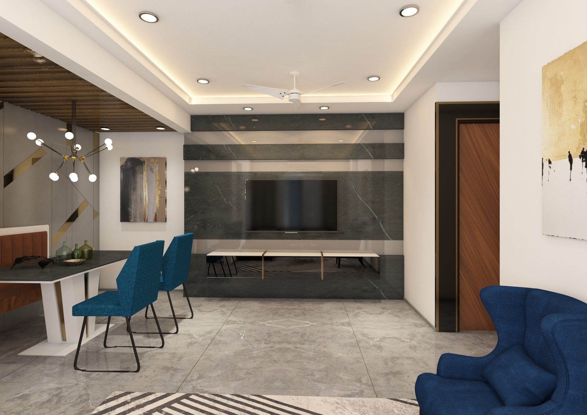 Grey marble laminate wall with glossy finish and veining pattern in a modern living room with TV and furniture.