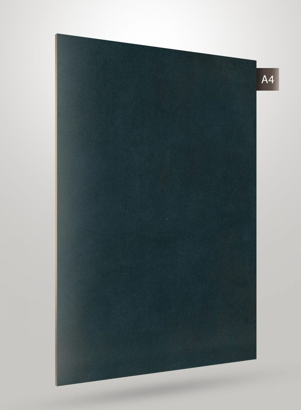 Dark green matte finish laminate sheet with subtle texture and A4 label on corner against light grey background.