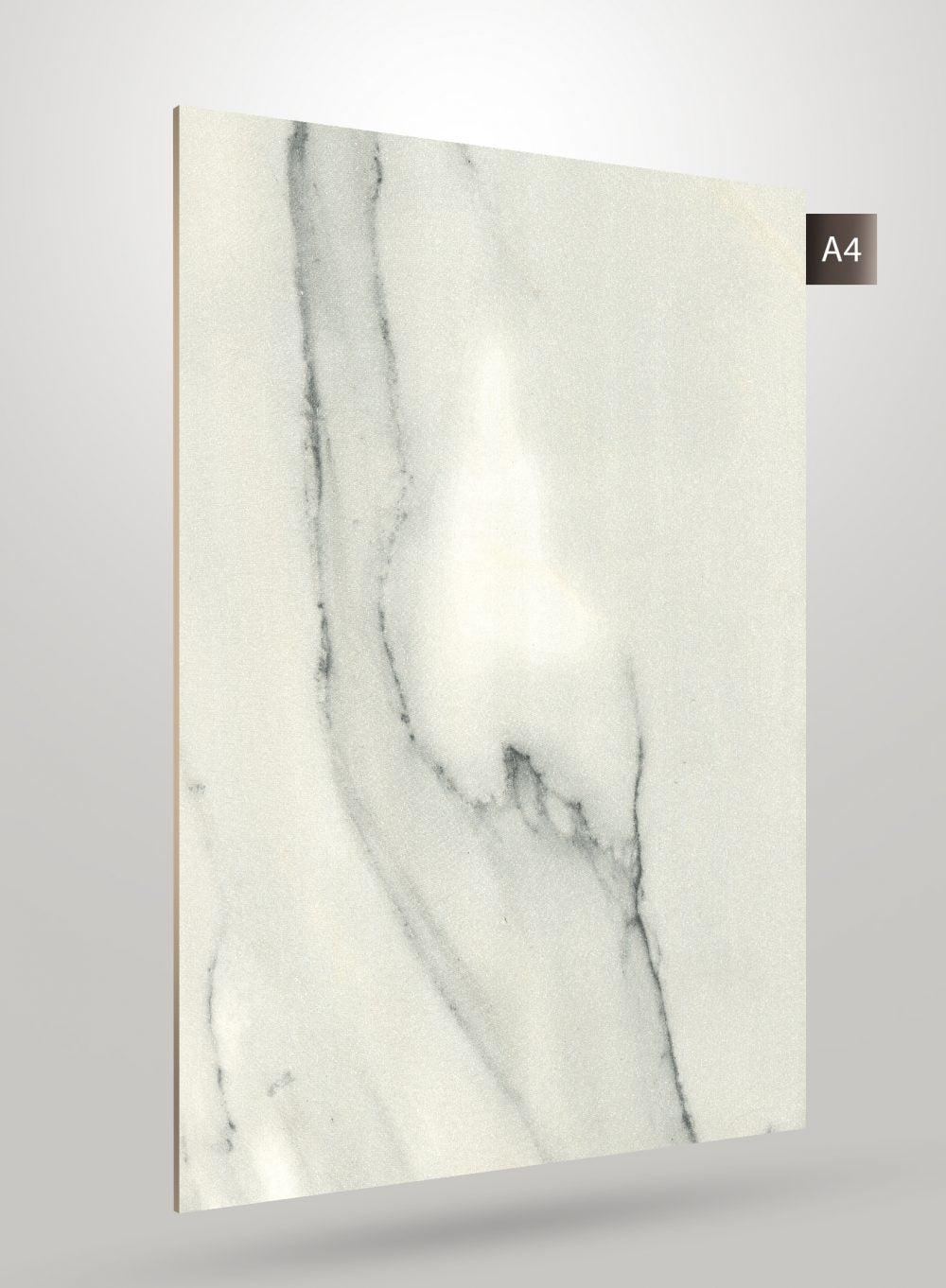 White marble laminate with grey veining and matte finish, showing texture and pattern details on a decorative sheet.