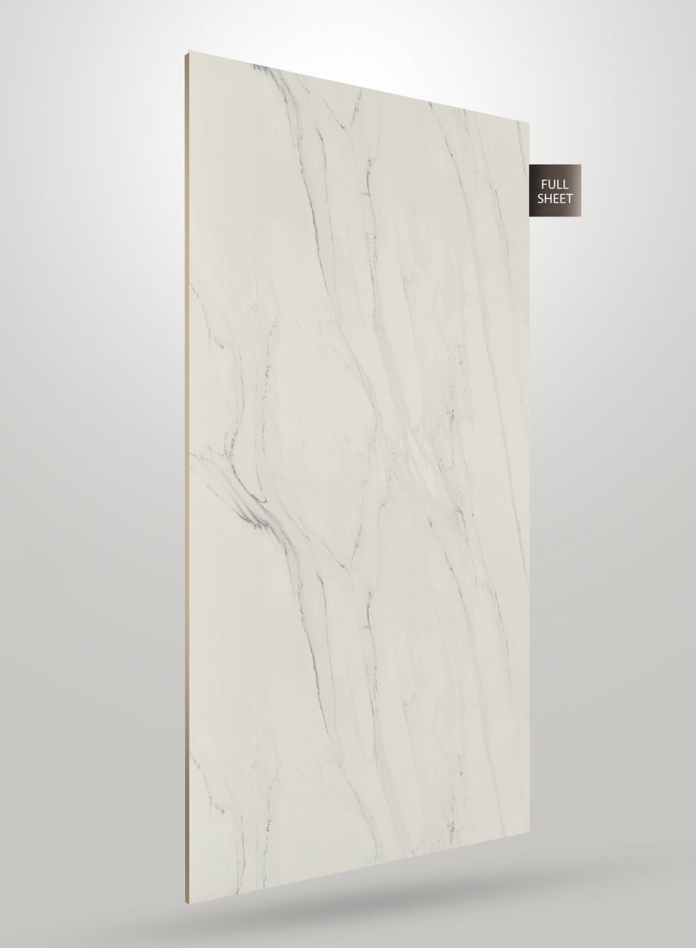 White marble laminate sheet with gray veining and matte finish, displayed at an angle with visible thickness.