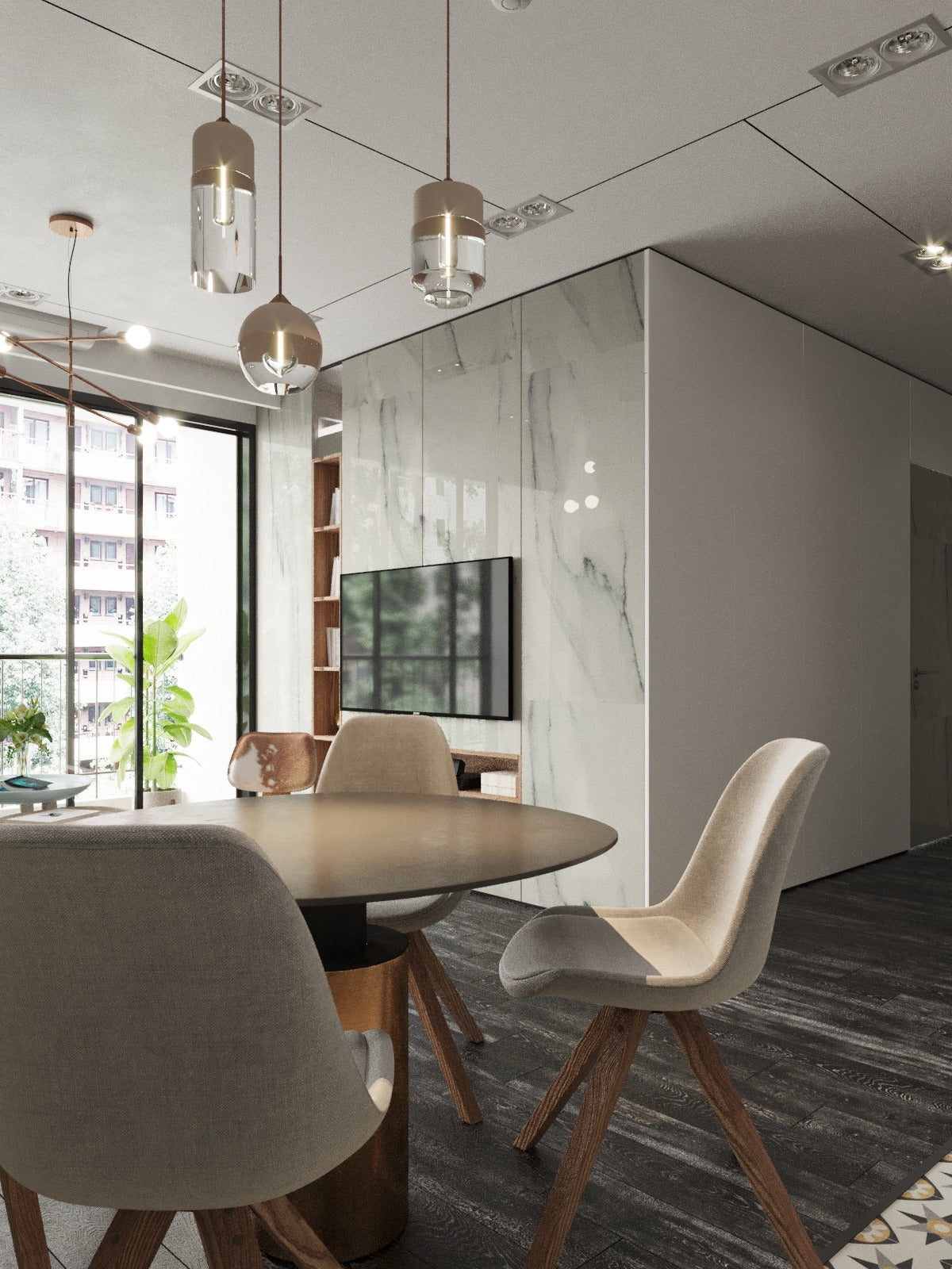 White marble laminate wall with gray veining in modern office space with minimalist decor and natural light.