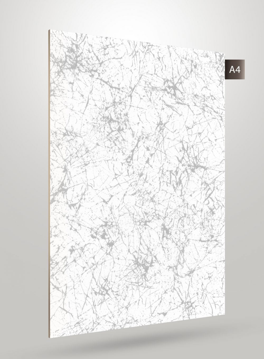 White marble patterned laminate with gray veining and high gloss finish, showing texture and veining details.