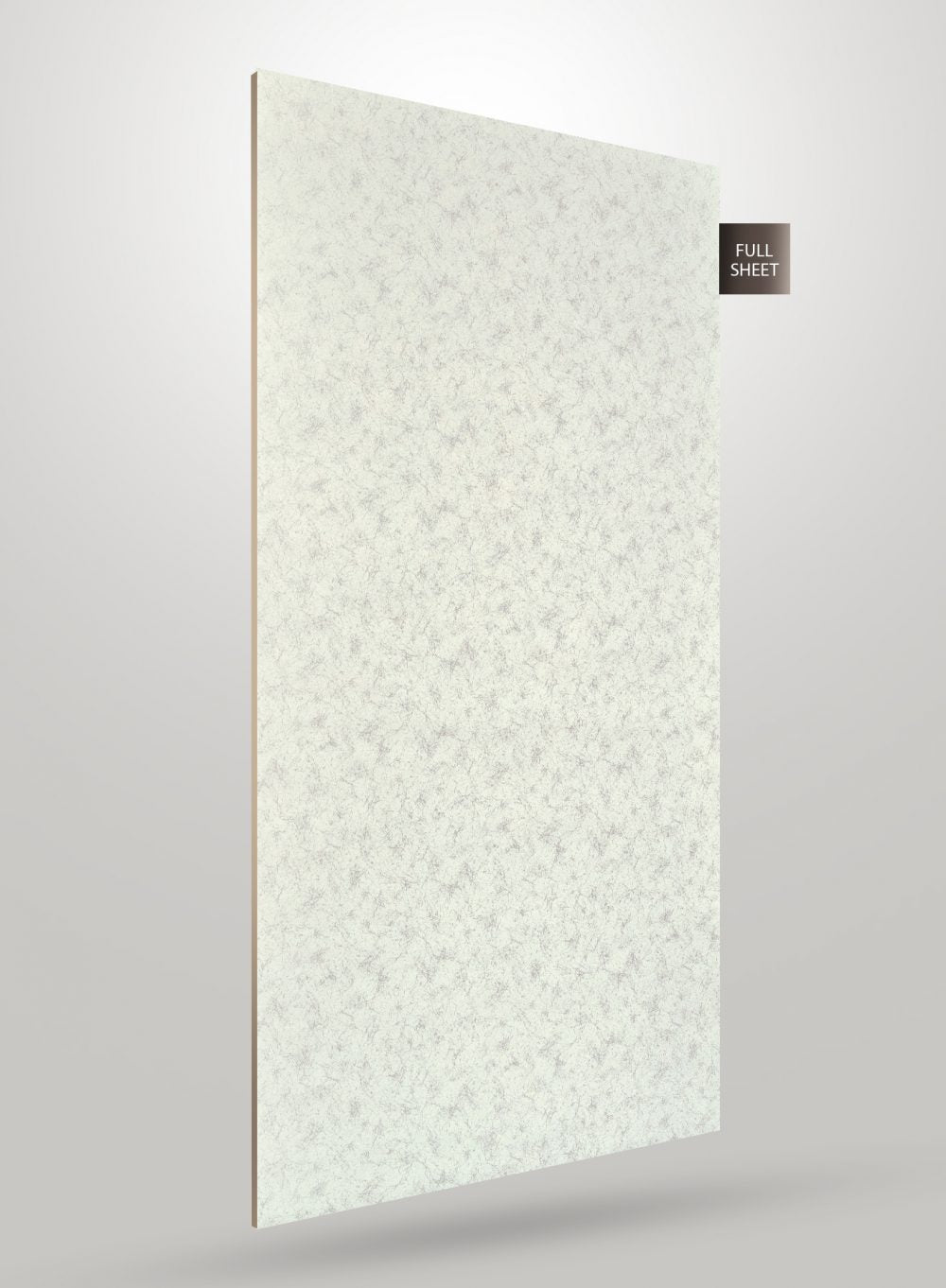 Beige patterned laminate sheet with subtle texture and high gloss finish displayed on a gray background with full sheet