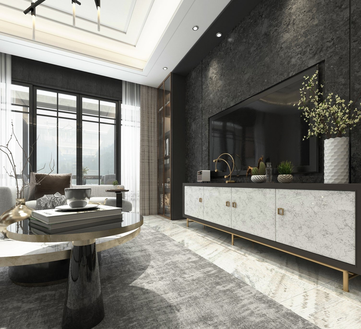 Beige marble patterned laminate on cabinet doors with glossy finish in modern living room with dark textured wall