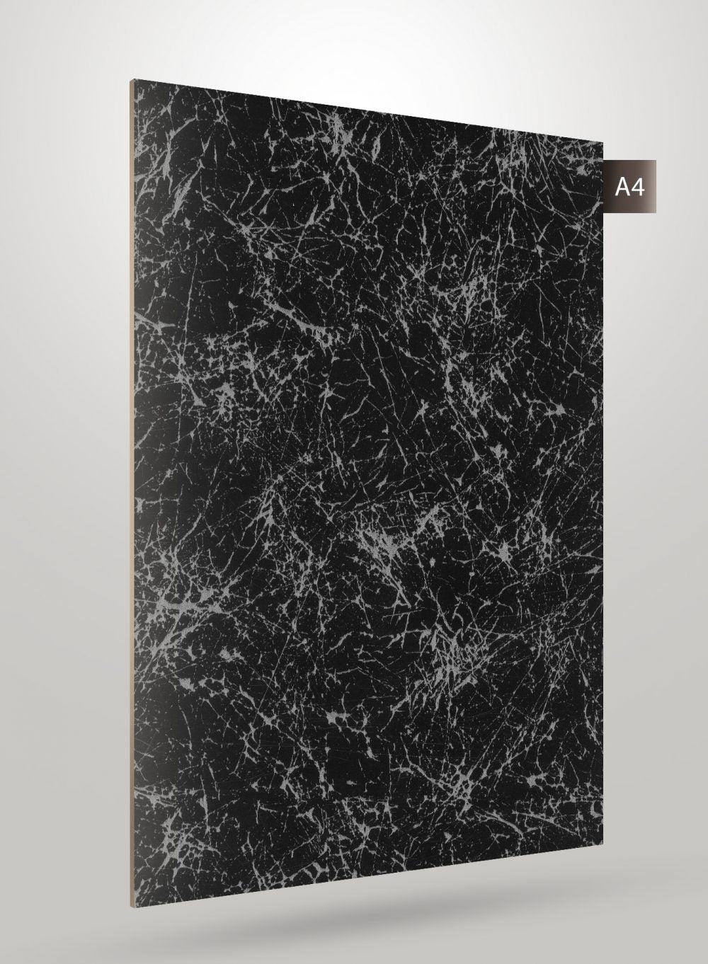 Black marble patterned laminate with white veining and high gloss finish, decorative interior material sheet.