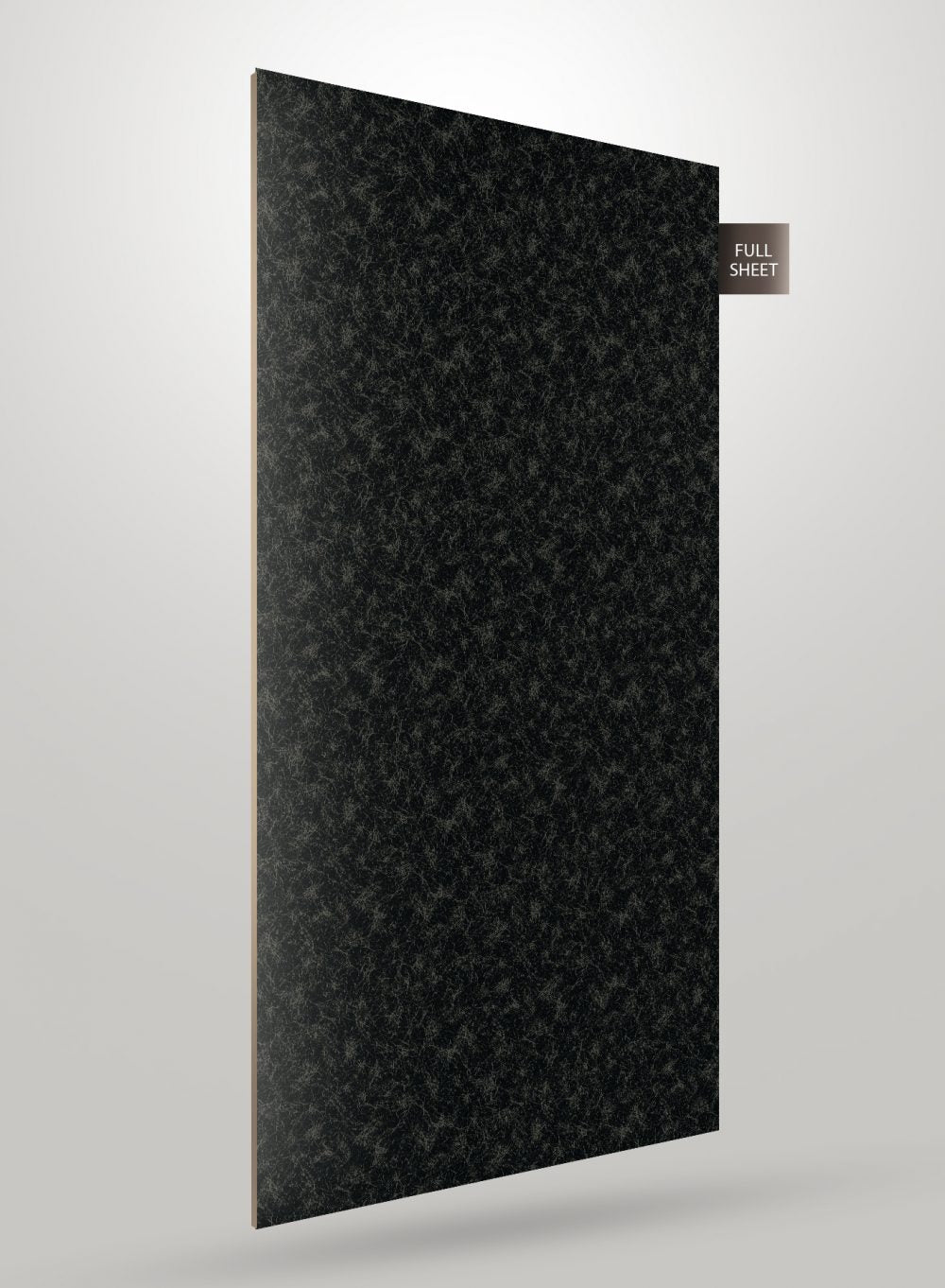 Multi-coloured patterned laminate sheet with high gloss finish and textured surface displayed at an angle.